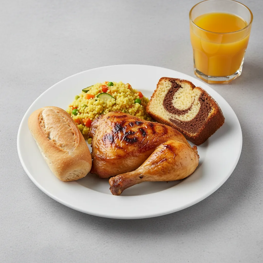 Spit-roasted Chicken, Curried Vegetable Couscous, Poundcake, Orange Juice Spit-roasted Chicken, Curried Vegetable Couscous, Poundcake, Orange Juice