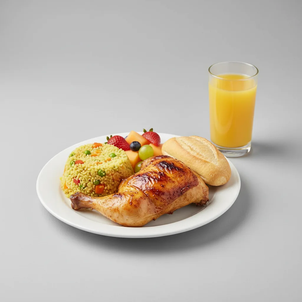 Spit-roasted Chicken, Curried Vegetable Couscous, Fruit, Orange Juice Spit-roasted Chicken, Curried Vegetable Couscous, Fruit, Orange Juice