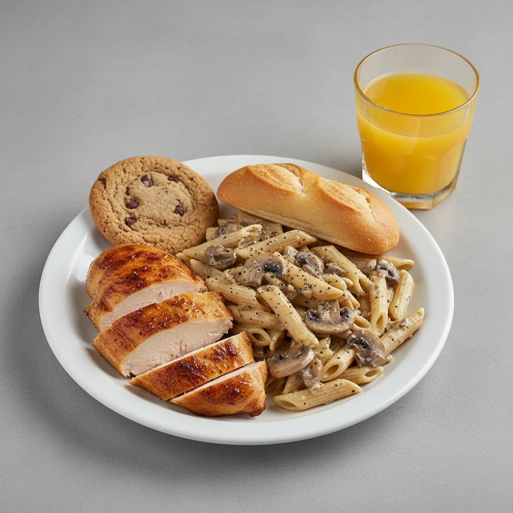 Spit-roasted Chicken, Penne with Mushroom, Cookie, Orange Juice Spit-roasted Chicken, Penne with Mushroom, Cookie, Orange Juice