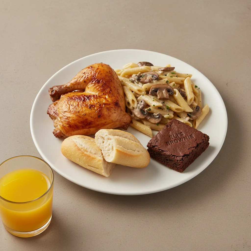 Spit-roasted Chicken, Penne with Mushroom, Brownie, Orange Juice Spit-roasted Chicken, Penne with Mushroom, Brownie, Orange Juice