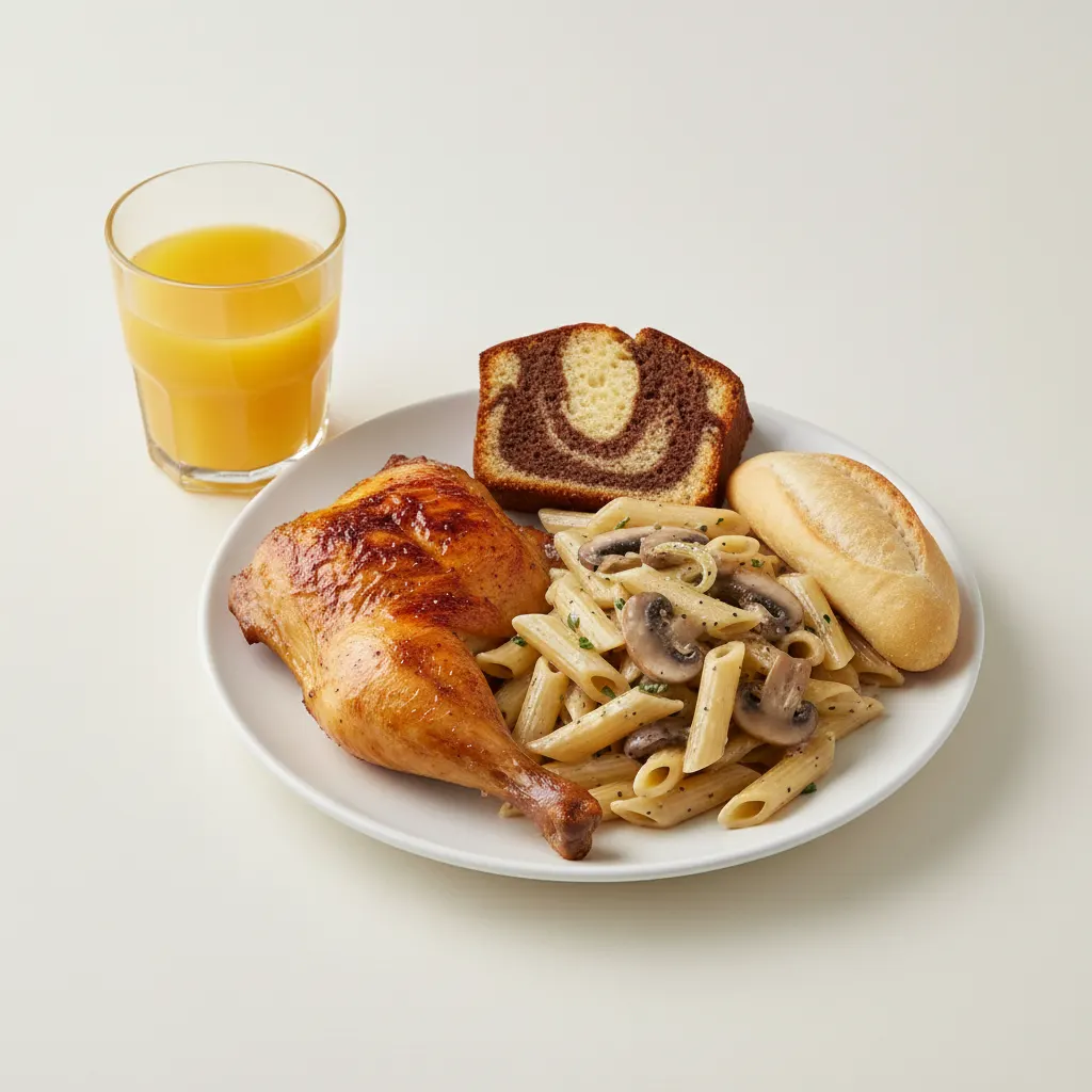 Spit-roasted Chicken, Penne with Mushroom, Poundcake, Orange Juice Spit-roasted Chicken, Penne with Mushroom, Poundcake, Orange Juice