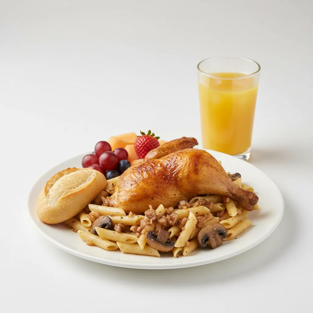Spit-roasted Chicken, Penne with Mushroom, Fruit, Orange Juice Spit-roasted Chicken, Penne with Mushroom, Fruit, Orange Juice