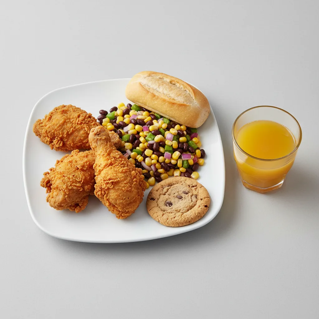 Fried Chicken, Corn and Bean Salad, Cookie, Orange Juice Fried Chicken, Corn and Bean Salad, Cookie, Orange Juice