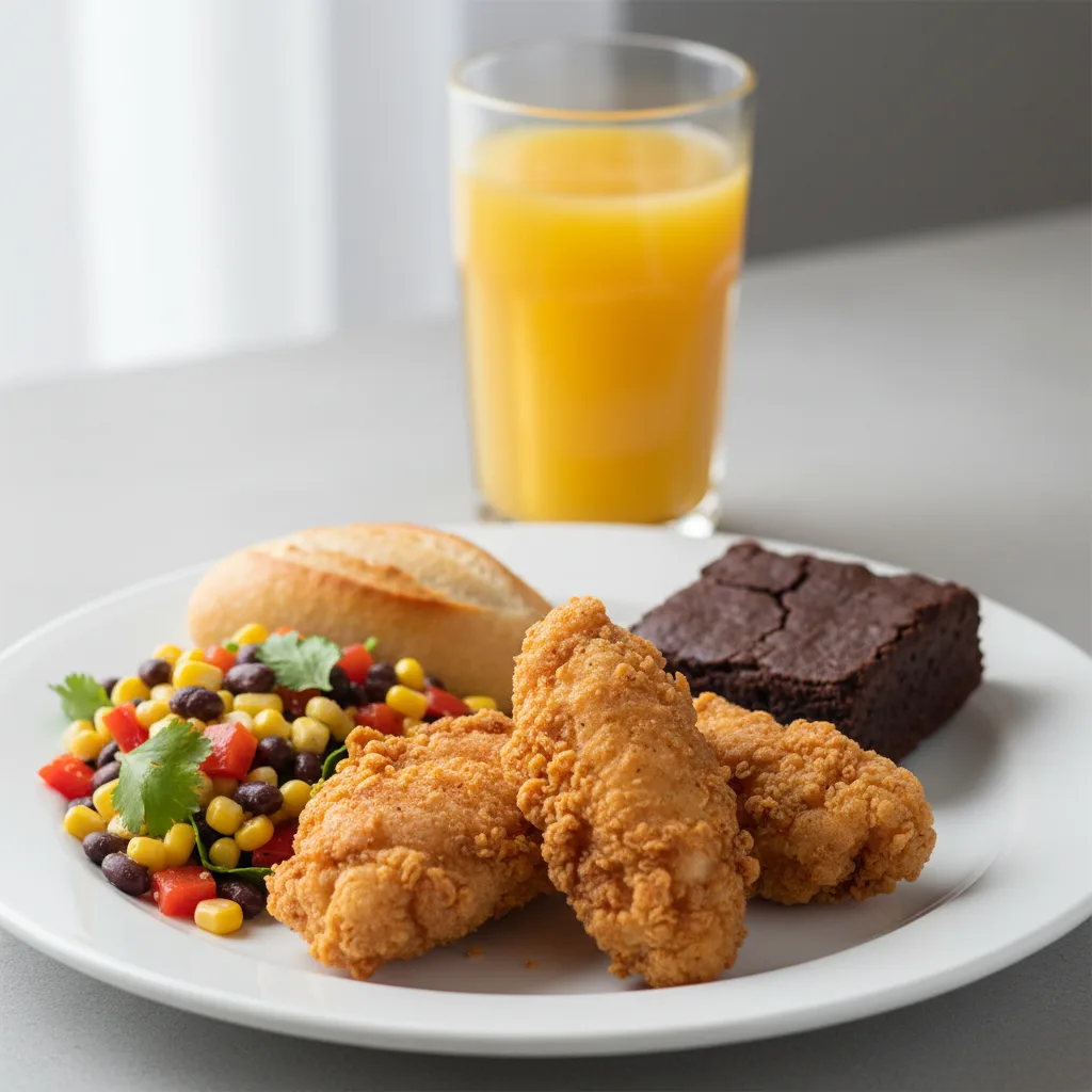 Fried Chicken, Corn and Bean Salad, Brownie, Orange Juice Fried Chicken, Corn and Bean Salad, Brownie, Orange Juice