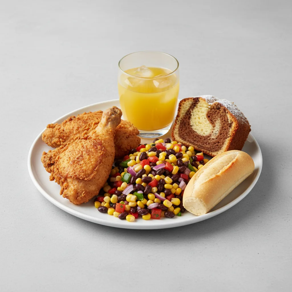 Fried Chicken, Corn and Bean Salad, Poundcake, Orange Juice Fried Chicken, Corn and Bean Salad, Poundcake, Orange Juice