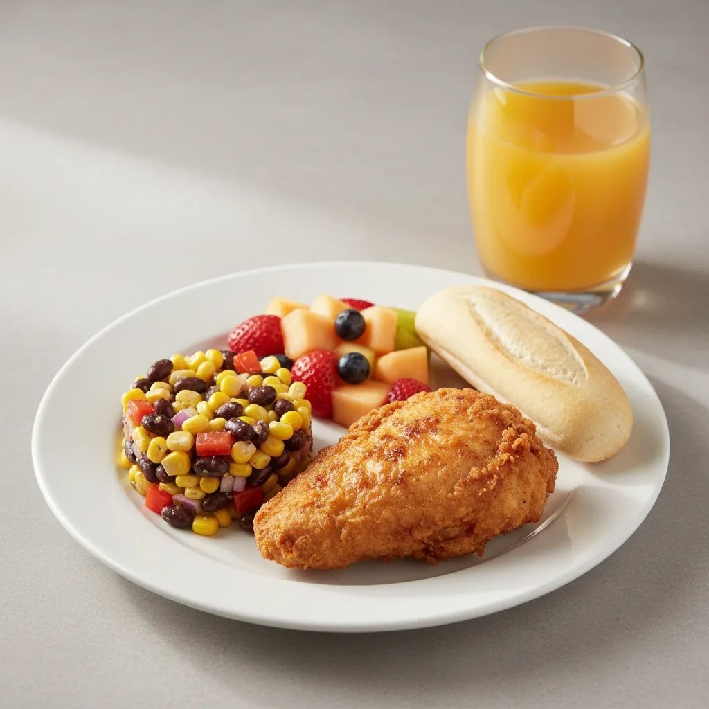 Fried Chicken Sandwich, Corn and Black Bean Salad, Fruit, Orange Juice Fried Chicken Sandwich, Corn and Black Bean Salad, Fruit, Orange Juice
