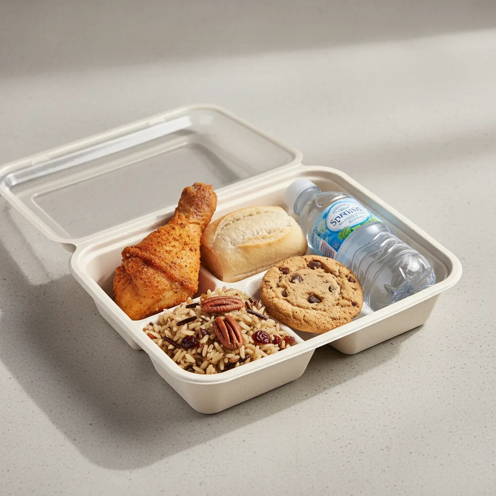 Fried Chicken, Wild Rice with Pecans, Cookie, Water Fried Chicken, Wild Rice with Pecans, Cookie, Water