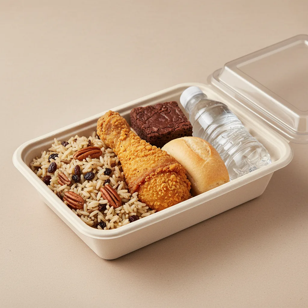 Fried Chicken, Wild Rice with Pecans, Eli's Brownie, Water Fried Chicken, Wild Rice with Pecans, Eli's Brownie, Water