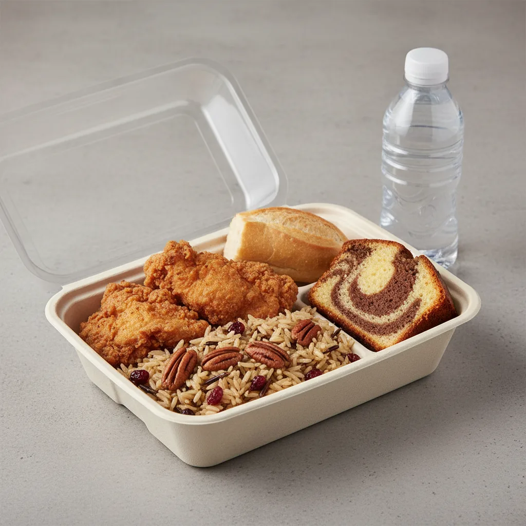 Fried Chicken, Wild Rice with Pecans, Poundcake, Water Fried Chicken, Wild Rice with Pecans, Poundcake, Water