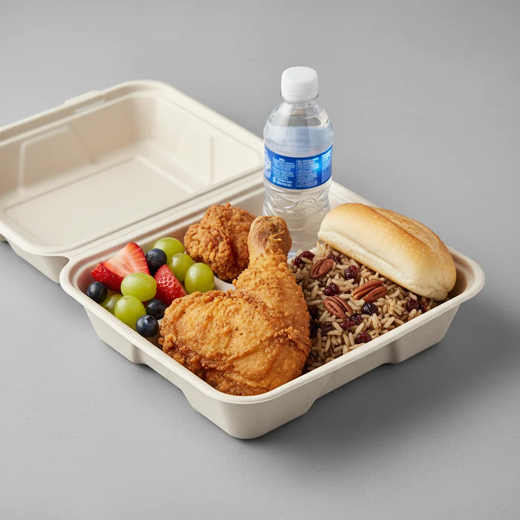 Fried Chicken, Wild Rice with Pecans, Fruit, Water Fried Chicken, Wild Rice with Pecans, Fruit, Water