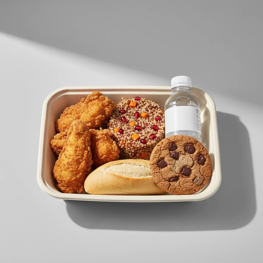Fried Chicken, Quinoa, Cookie, Water Fried Chicken, Quinoa, Cookie, Water