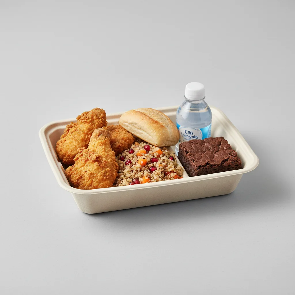 Fried Chicken, Quinoa, Eli's Brownie, Water Fried Chicken, Quinoa, Eli's Brownie, Water