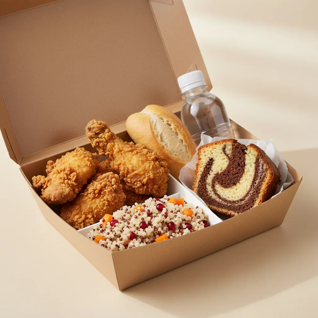 Fried Chicken, Quinoa, Poundcake, Water Fried Chicken, Quinoa, Poundcake, Water