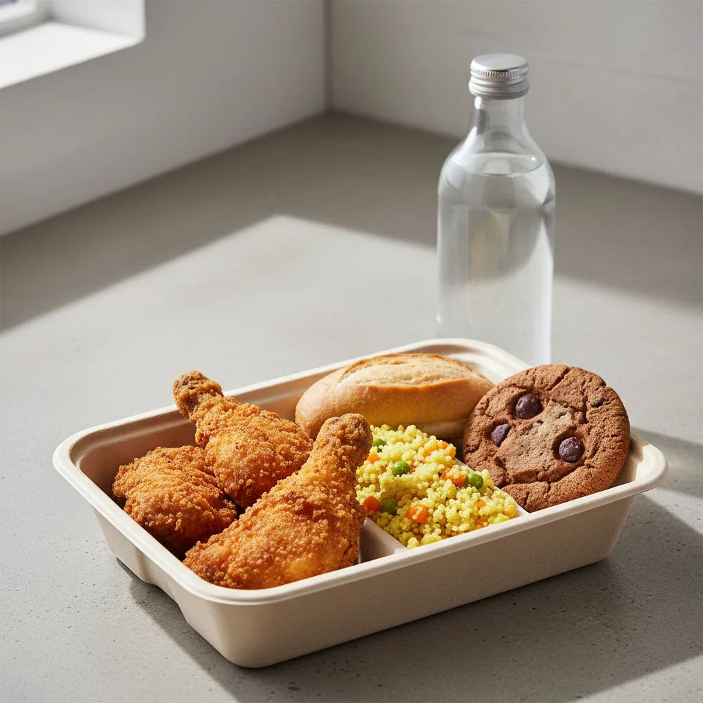 Fried Chicken, Curried Vegetable Couscous, Cookie, Water Fried Chicken, Curried Vegetable Couscous, Cookie, Water