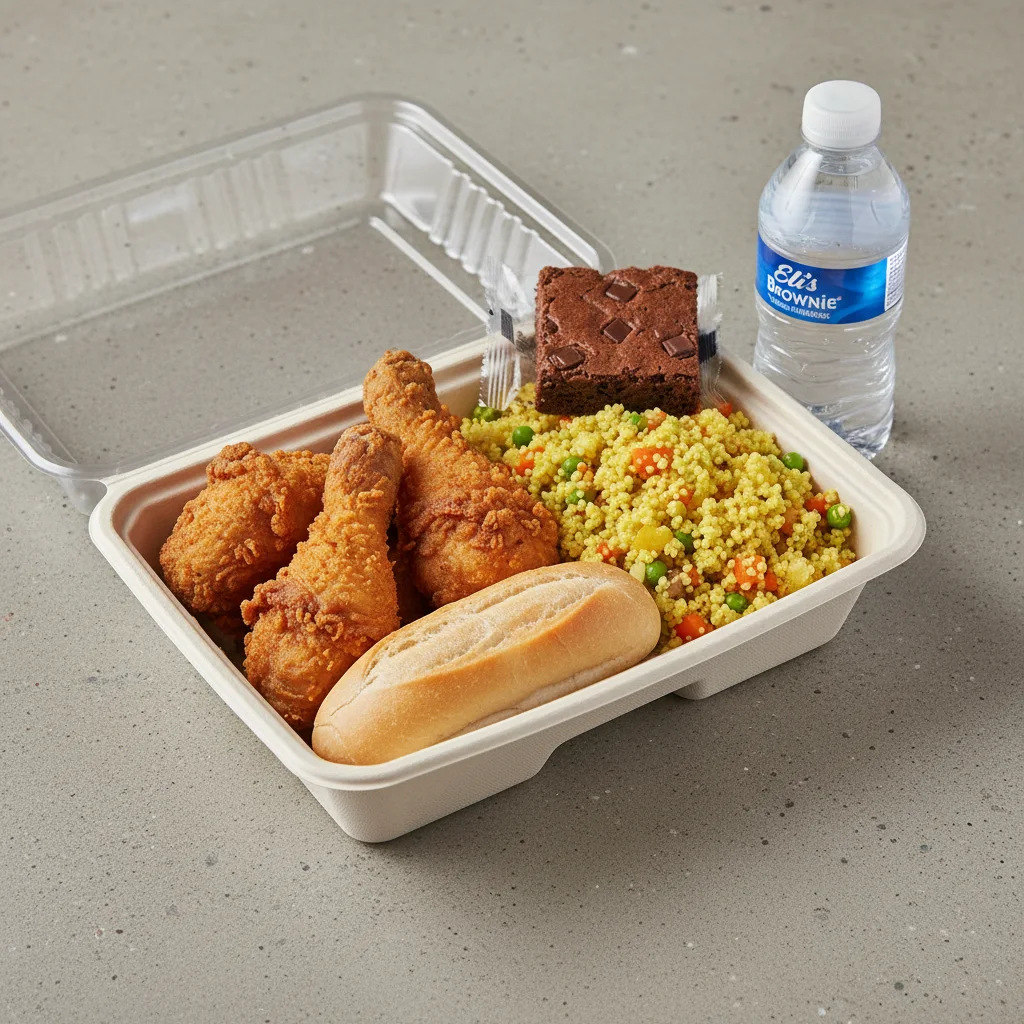 Fried Chicken, Curried Vegetable Couscous, Eli's Brownie, Water Fried Chicken, Curried Vegetable Couscous, Eli's Brownie, Water