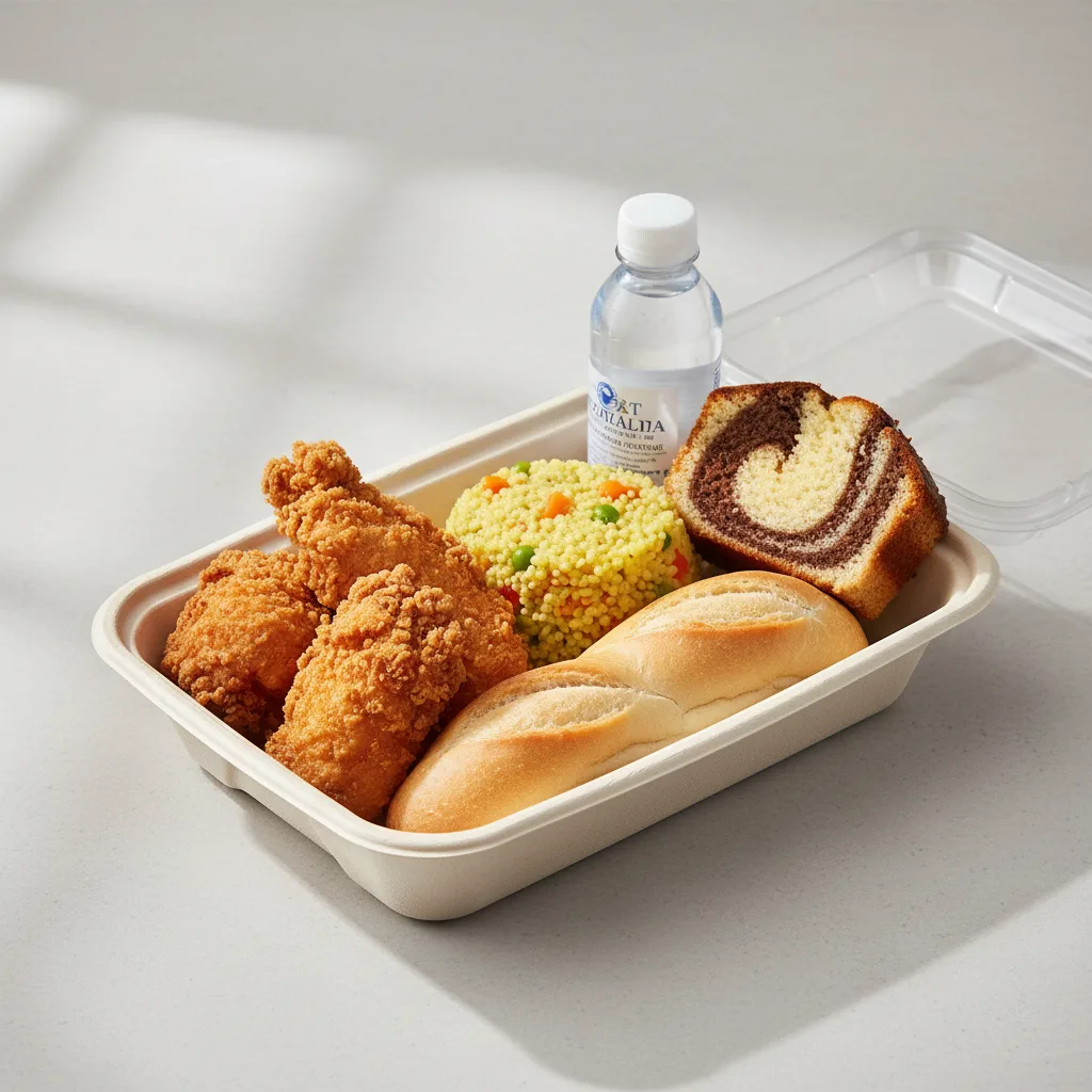 Fried Chicken, Curried Vegetable Couscous, Poundcake, Water Fried Chicken, Curried Vegetable Couscous, Poundcake, Water