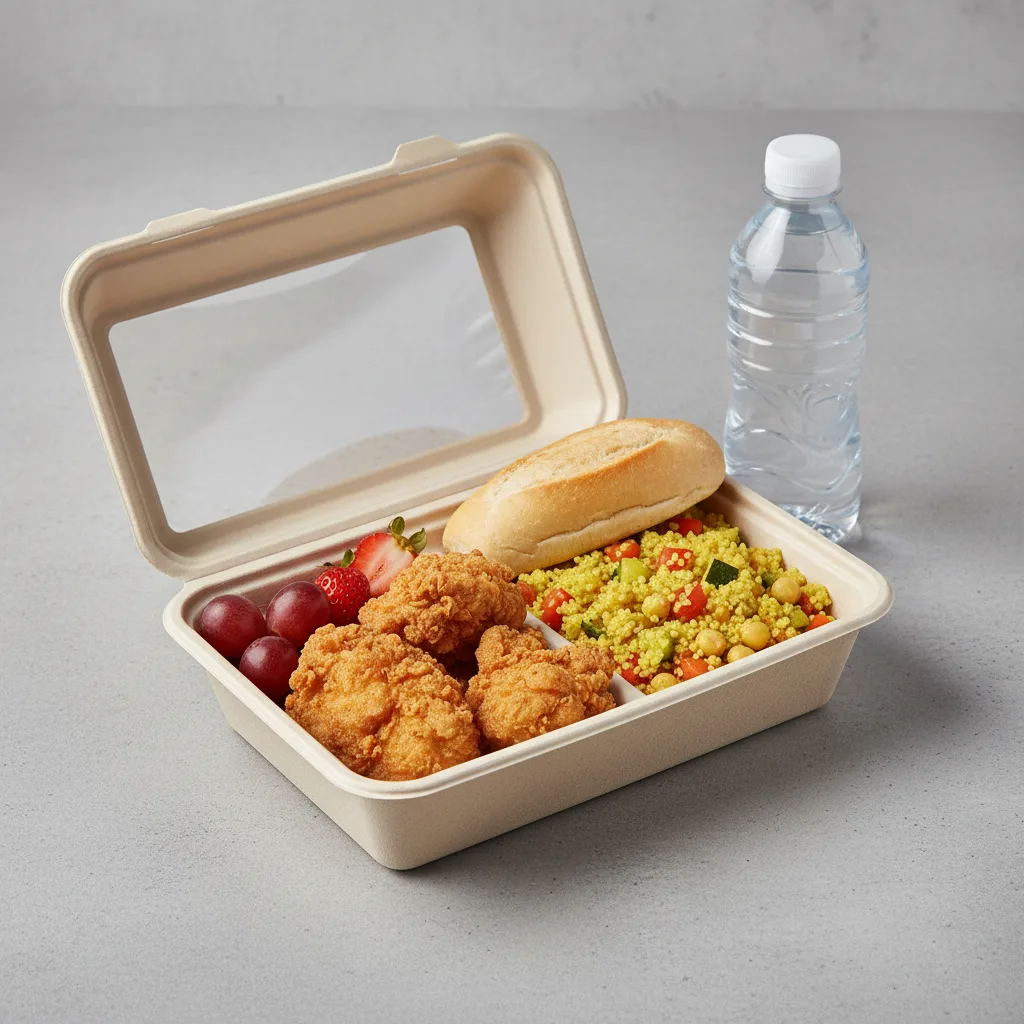 Fried Chicken, Curried Vegetable Couscous, Fruit, Water Fried Chicken, Curried Vegetable Couscous, Fruit, Water