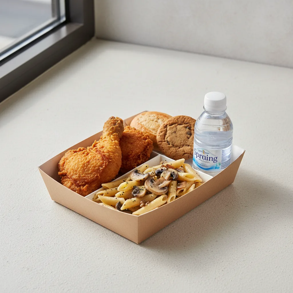 Fried Chicken, Penne with Mushrooms and Shallots, Cookie, Water Fried Chicken, Penne with Mushrooms and Shallots, Cookie, Water