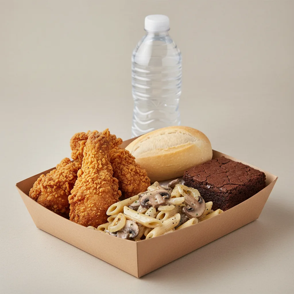 Fried Chicken, Penne with Mushrooms and Shallots, Eli's Brownie, Water Fried Chicken, Penne with Mushrooms and Shallots, Eli's Brownie, Water