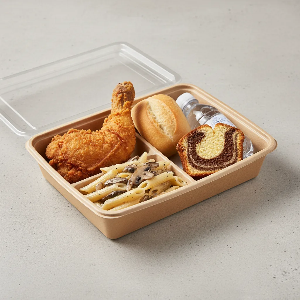 Fried Chicken, Penne with Mushrooms and Shallots, Poundcake, Water Fried Chicken, Penne with Mushrooms and Shallots, Poundcake, Water
