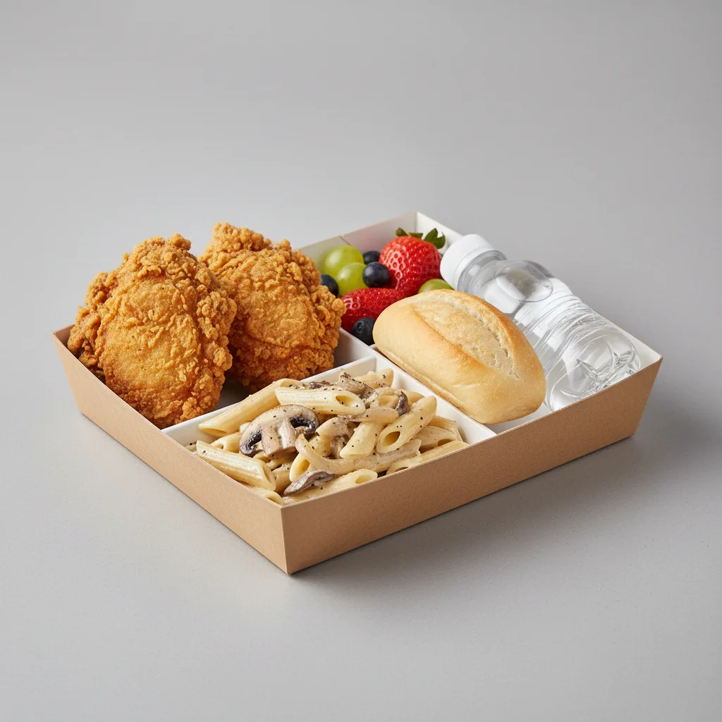Fried Chicken, Penne with Mushrooms and Shallots, Fruit, Water Fried Chicken, Penne with Mushrooms and Shallots, Fruit, Water