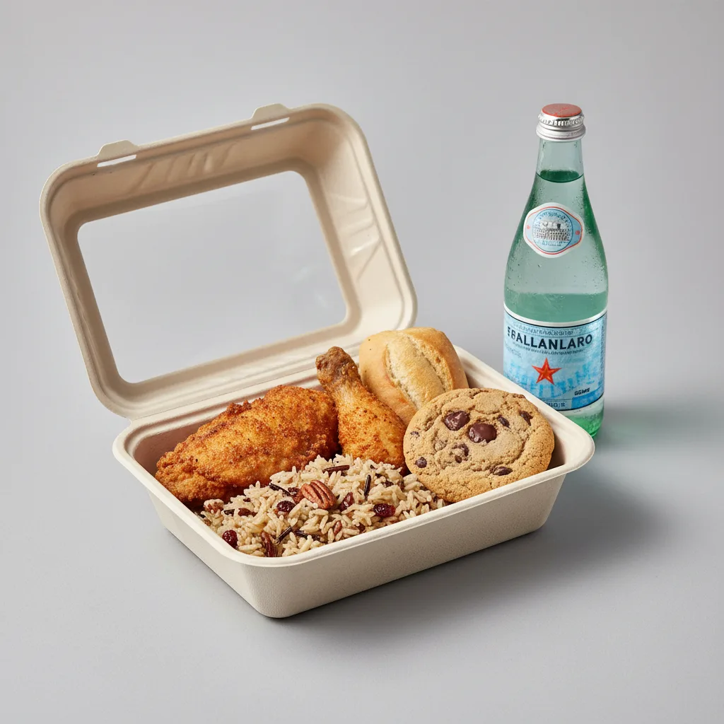 Fried Chicken, Wild Rice with Pecans, Cookie, Sparkling Water Fried Chicken, Wild Rice with Pecans, Cookie, Sparkling Water