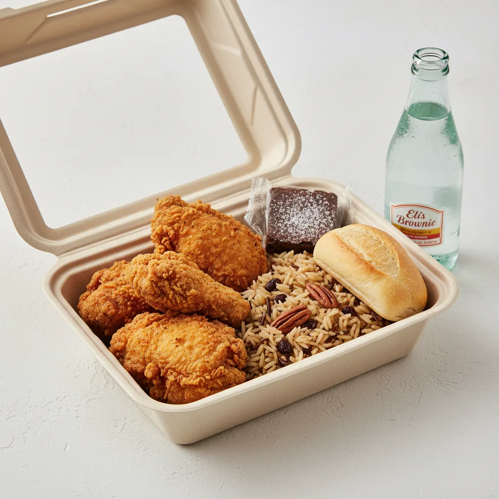 Fried Chicken, Wild Rice with Pecans, Eli's Brownie, Sparkling Water Fried Chicken, Wild Rice with Pecans, Eli's Brownie, Sparkling Water