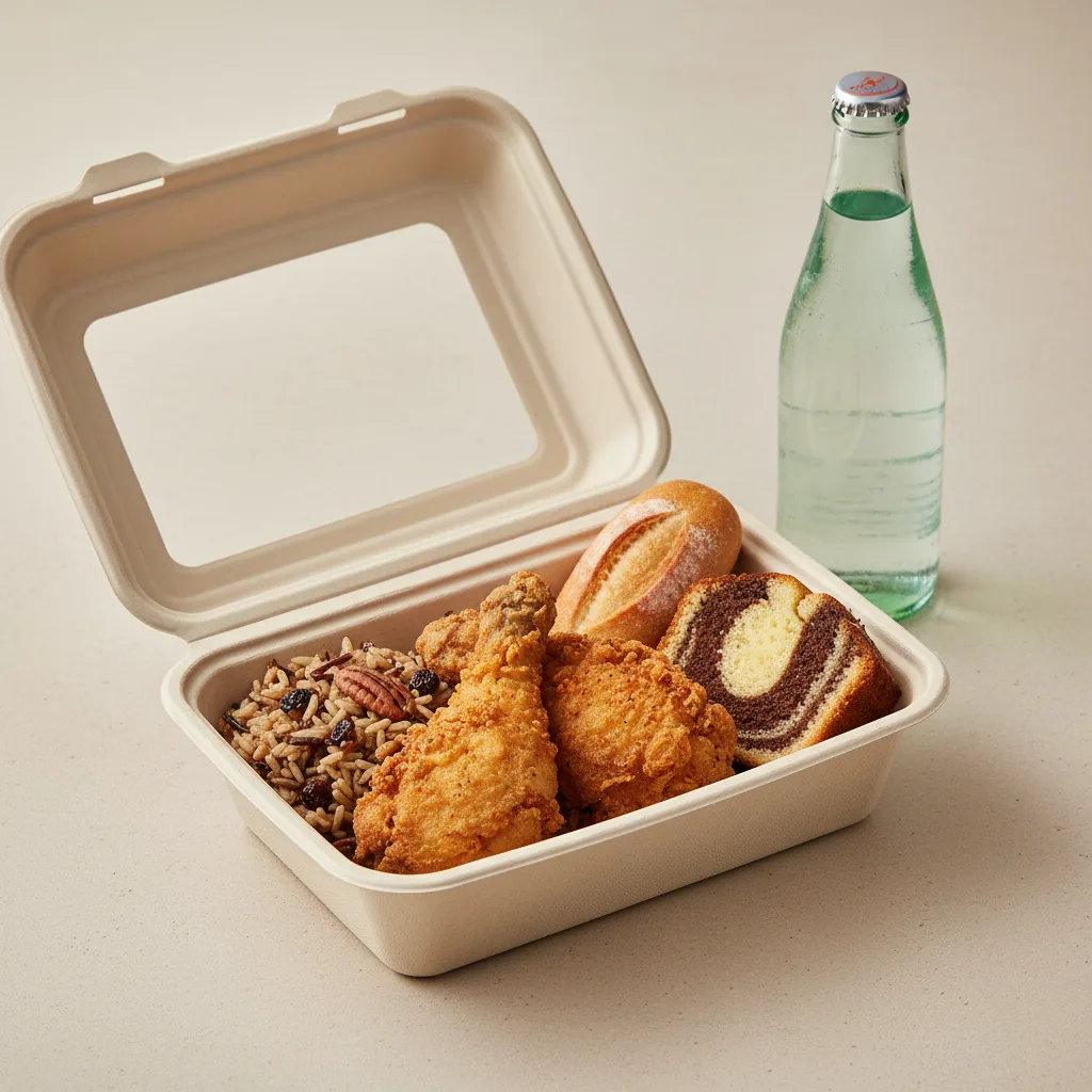 Fried Chicken, Wild Rice with Pecans, Poundcake, Sparkling Water Fried Chicken, Wild Rice with Pecans, Poundcake, Sparkling Water