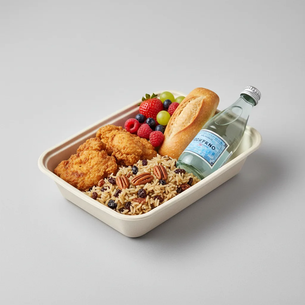 Fried Chicken, Wild Rice with Pecans, Fruit, Sparkling Water Fried Chicken, Wild Rice with Pecans, Fruit, Sparkling Water