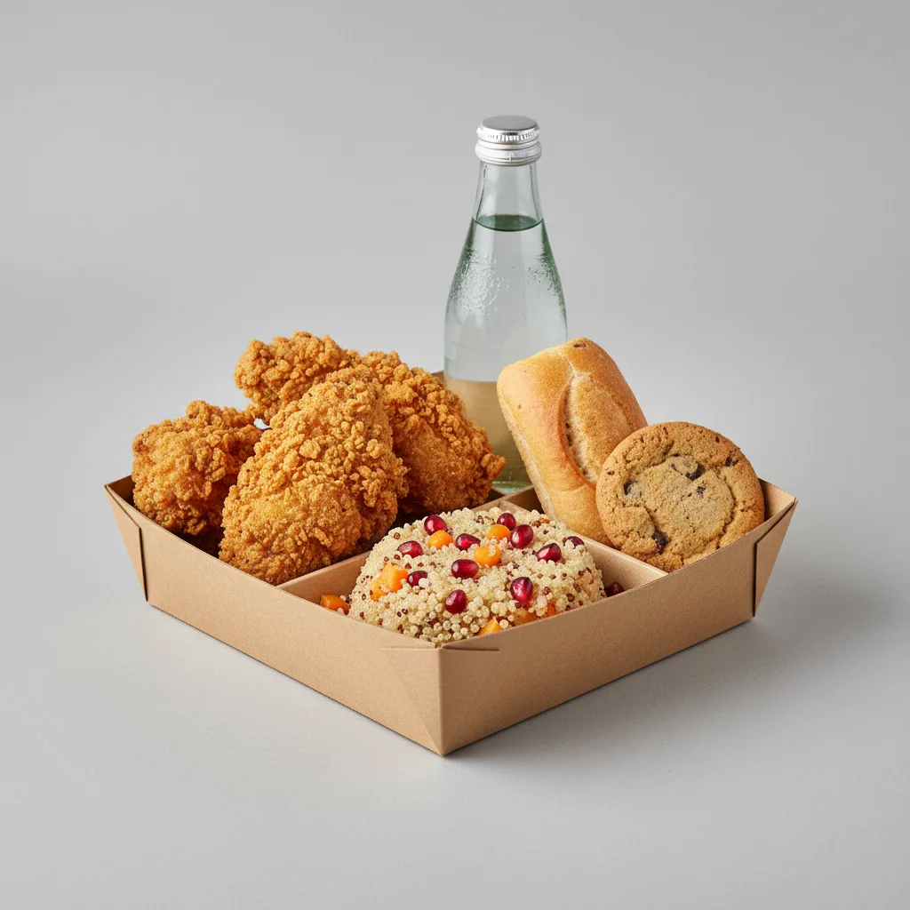Fried Chicken, Quinoa, Cookie, Sparkling Water Fried Chicken, Quinoa, Cookie, Sparkling Water