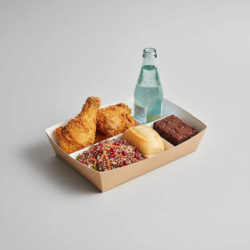 Fried Chicken, Quinoa, Eli's Brownie, Sparkling Water Fried Chicken, Quinoa, Eli's Brownie, Sparkling Water