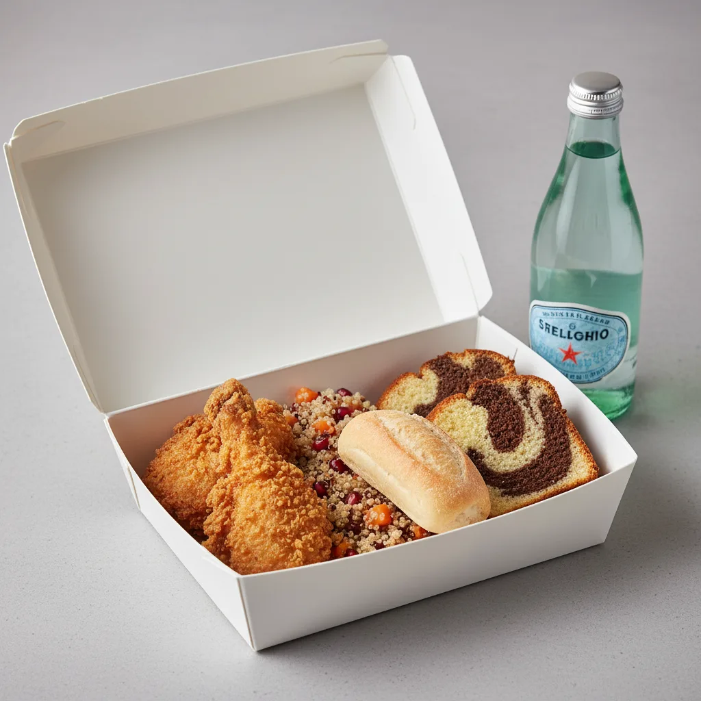 Fried Chicken, Quinoa, Poundcake, Sparkling Water Fried Chicken, Quinoa, Poundcake, Sparkling Water