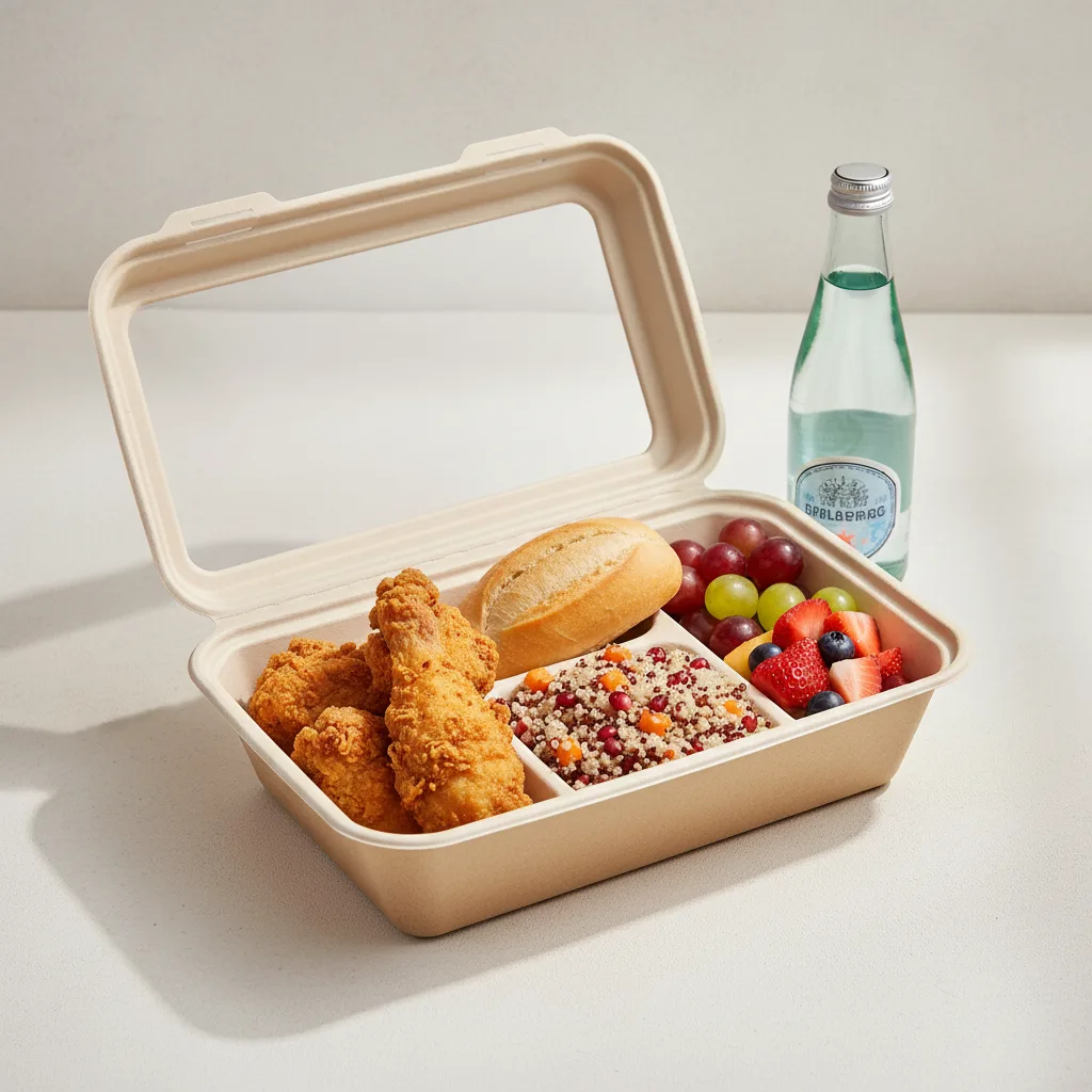 Fried Chicken, Quinoa, Fruit, Sparkling Water Fried Chicken, Quinoa, Fruit, Sparkling Water