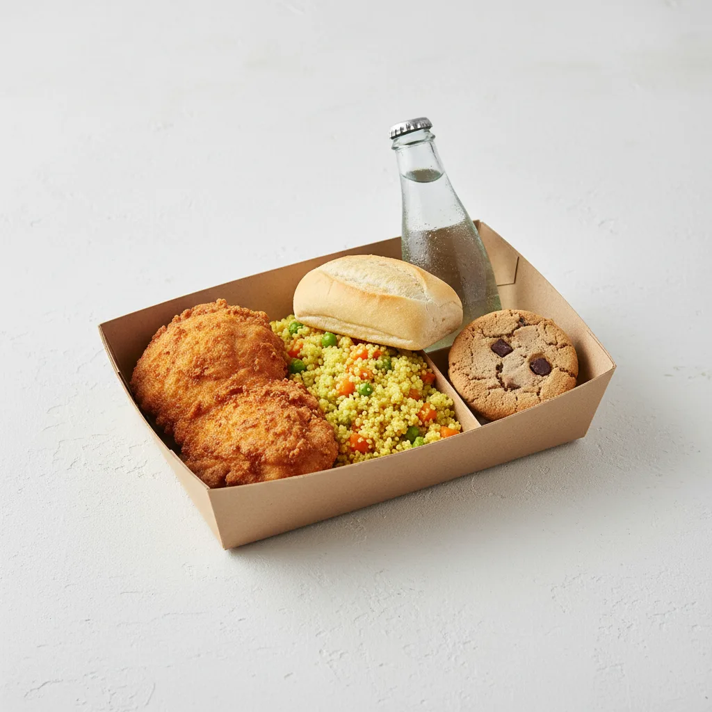Fried Chicken, Curried Vegetable Couscous, Cookie, Sparkling Water Fried Chicken, Curried Vegetable Couscous, Cookie, Sparkling Water