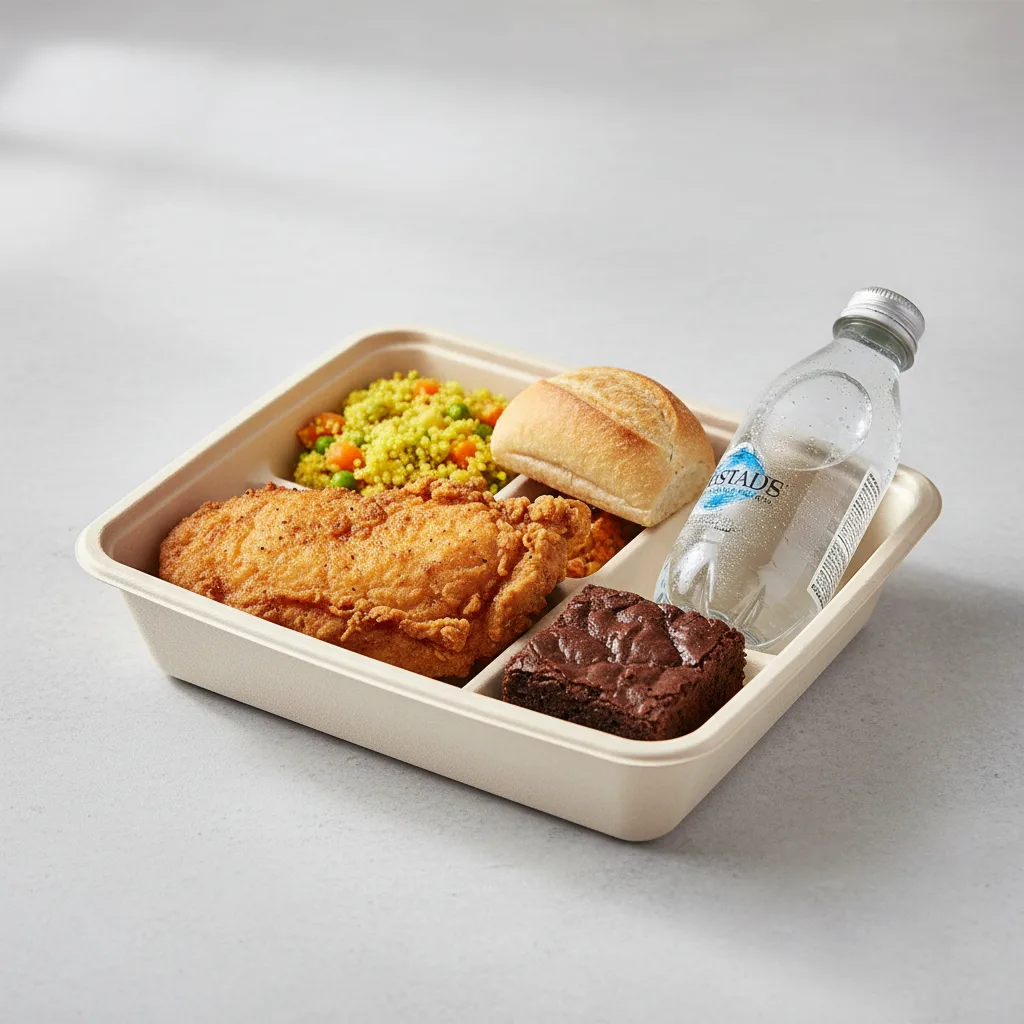 Fried Chicken, Curried Vegetable Couscous, Eli's Brownie, Sparkling Water Fried Chicken, Curried Vegetable Couscous, Eli's Brownie, Sparkling Water