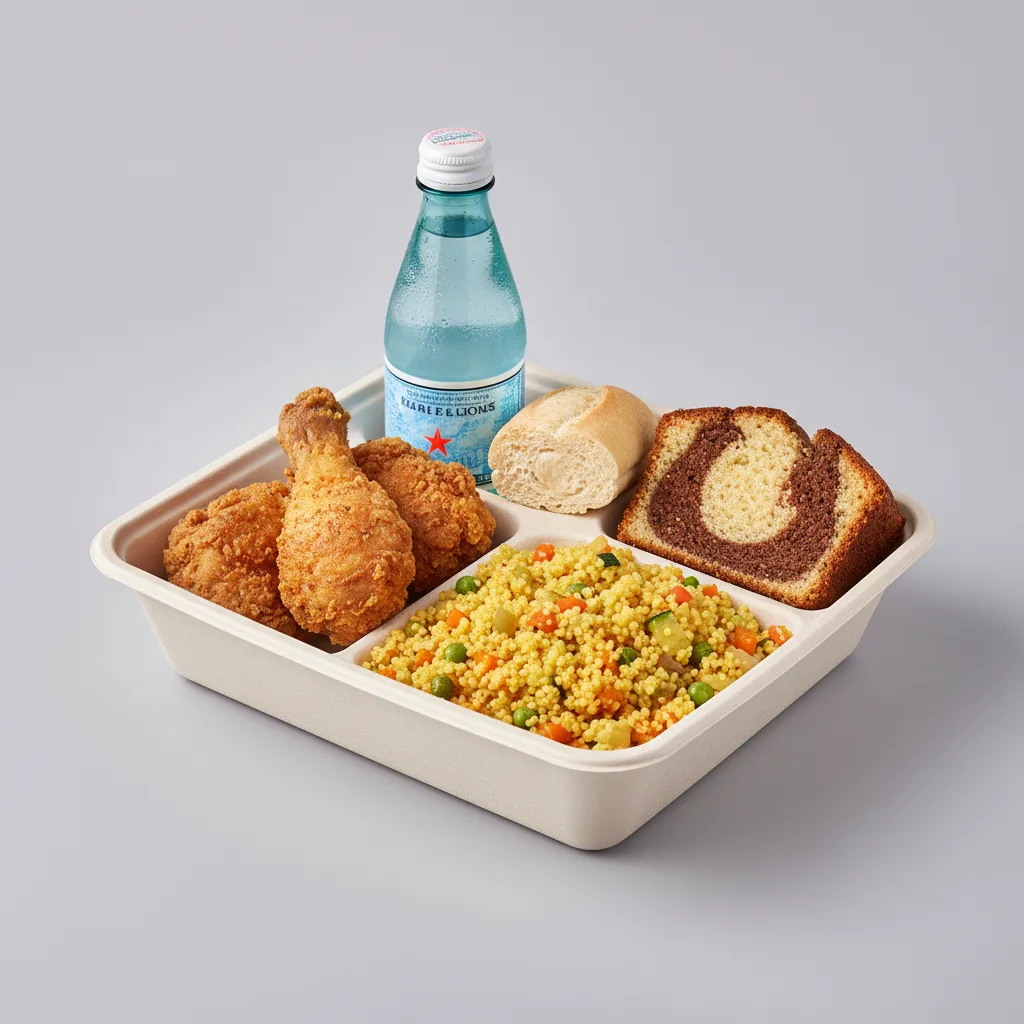 Fried Chicken, Curried Vegetable Couscous, Poundcake, Sparkling Water Fried Chicken, Curried Vegetable Couscous, Poundcake, Sparkling Water