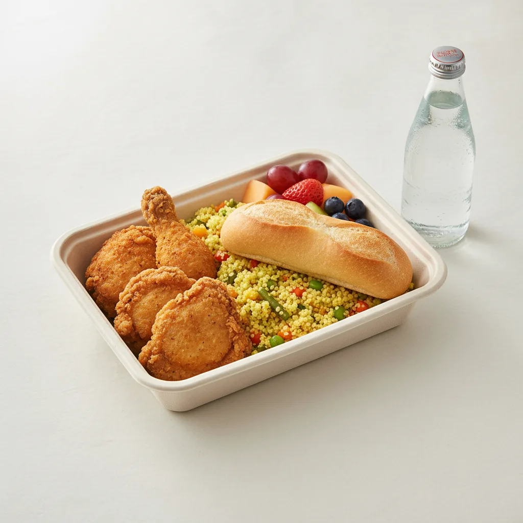 Fried Chicken, Curried Vegetable Couscous, Fruit, Sparkling Water Fried Chicken, Curried Vegetable Couscous, Fruit, Sparkling Water