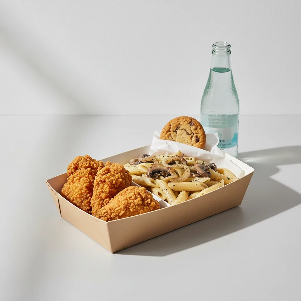 Fried Chicken, Penne with Mushrooms and Shallots, Cookie, Sparkling Water Fried Chicken, Penne with Mushrooms and Shallots, Cookie, Sparkling Water