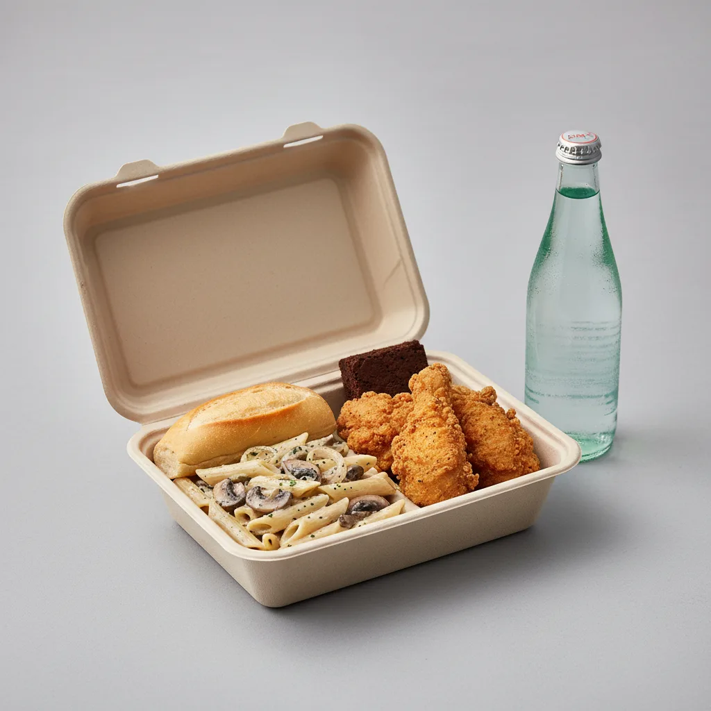 Fried Chicken, Penne with Mushrooms and Shallots, Eli's Brownie, Sparkling Water Fried Chicken, Penne with Mushrooms and Shallots, Eli's Brownie, Sparkling Water