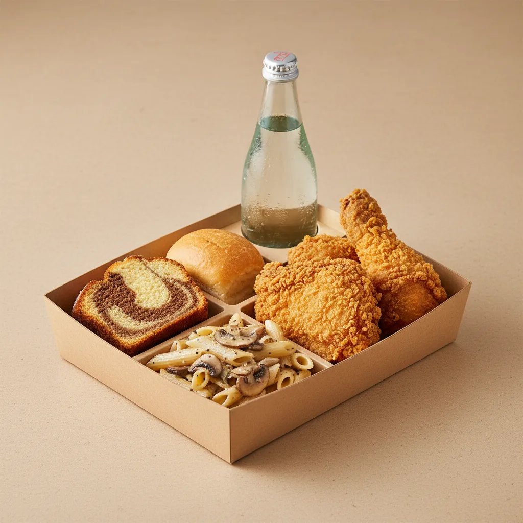 Fried Chicken, Penne with Mushrooms and Shallots, Poundcake, Sparkling Water Fried Chicken, Penne with Mushrooms and Shallots, Poundcake, Sparkling Water