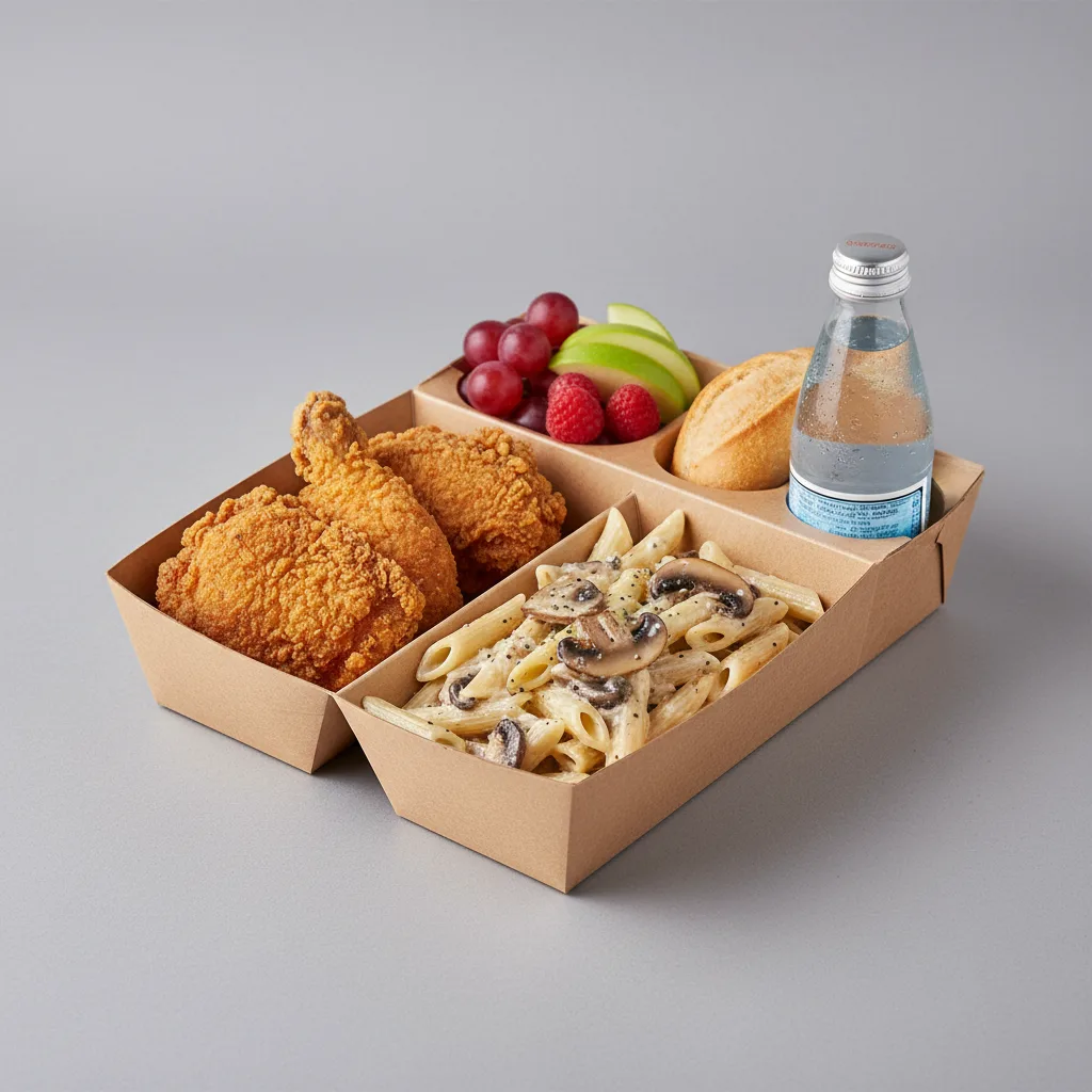 Fried Chicken, Penne with Mushrooms and Shallots, Fruit, Sparkling Water Fried Chicken, Penne with Mushrooms and Shallots, Fruit, Sparkling Water