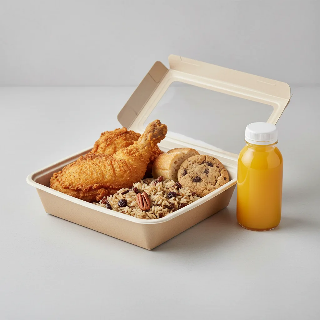 Fried Chicken, Wild Rice with Pecans and Currants, Cookie, Orange Juice Fried Chicken, Wild Rice with Pecans and Currants, Cookie, Orange Juice