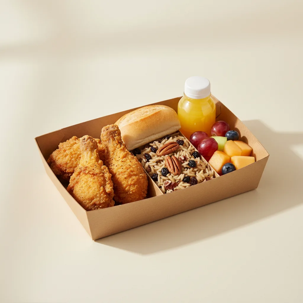 Fried Chicken, Wild Rice with Pecans and Currants, Fruit Fried Chicken, Wild Rice with Pecans and Currants, Fruit