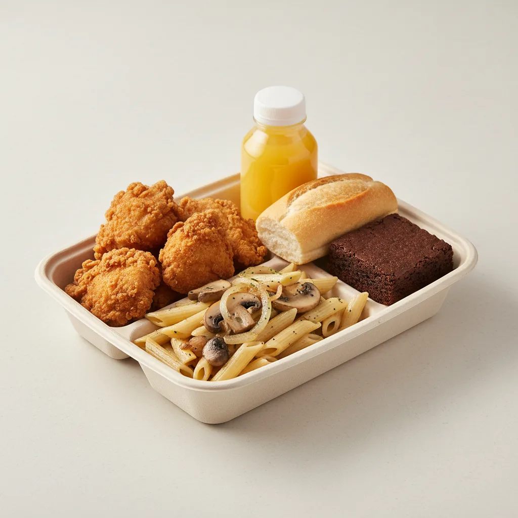 Fried Chicken, Penne with Mushrooms and Shallots, Eli's Brownie Fried Chicken, Penne with Mushrooms and Shallots, Eli's Brownie