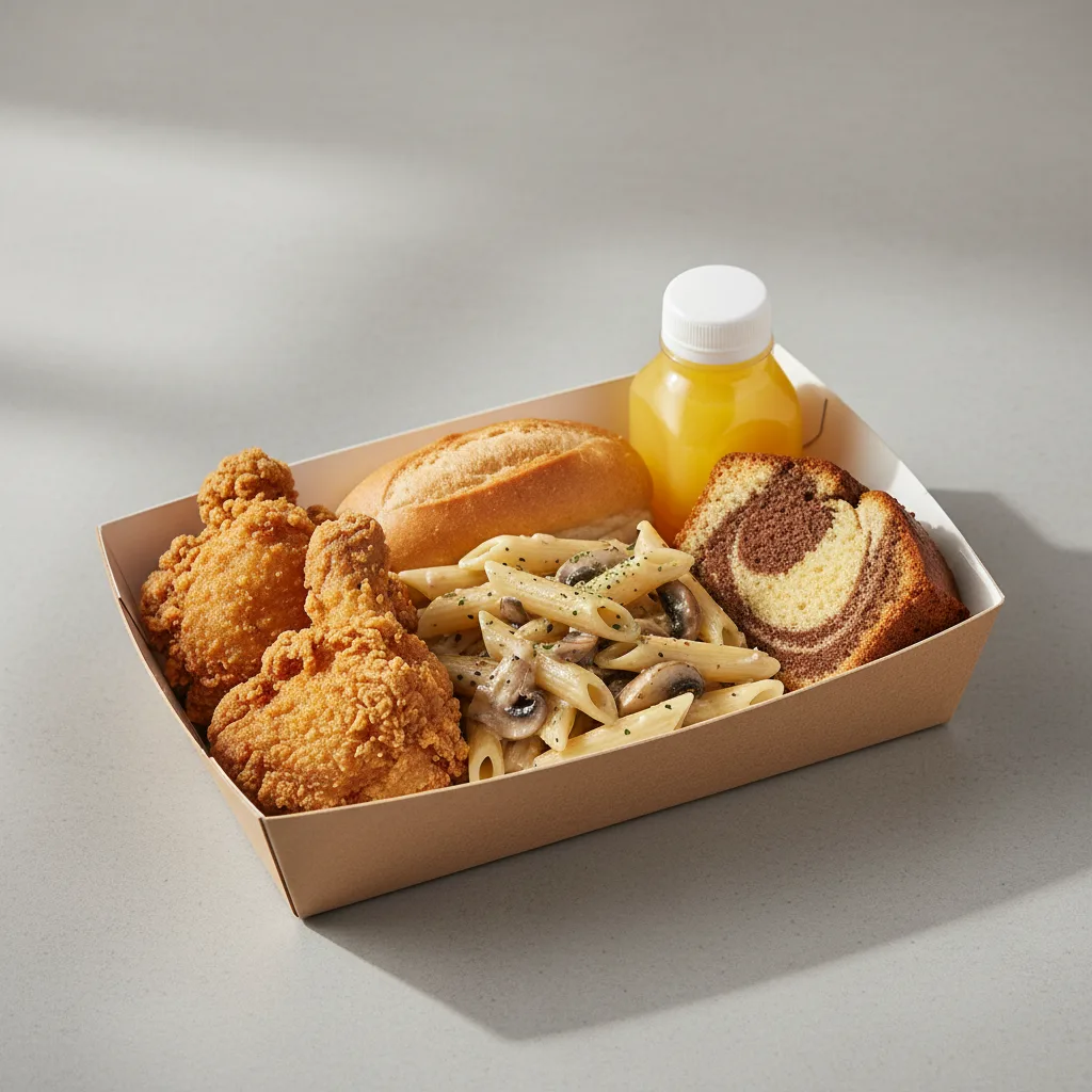 Fried Chicken, Penne with Mushrooms and Shallots, Poundcake Fried Chicken, Penne with Mushrooms and Shallots, Poundcake