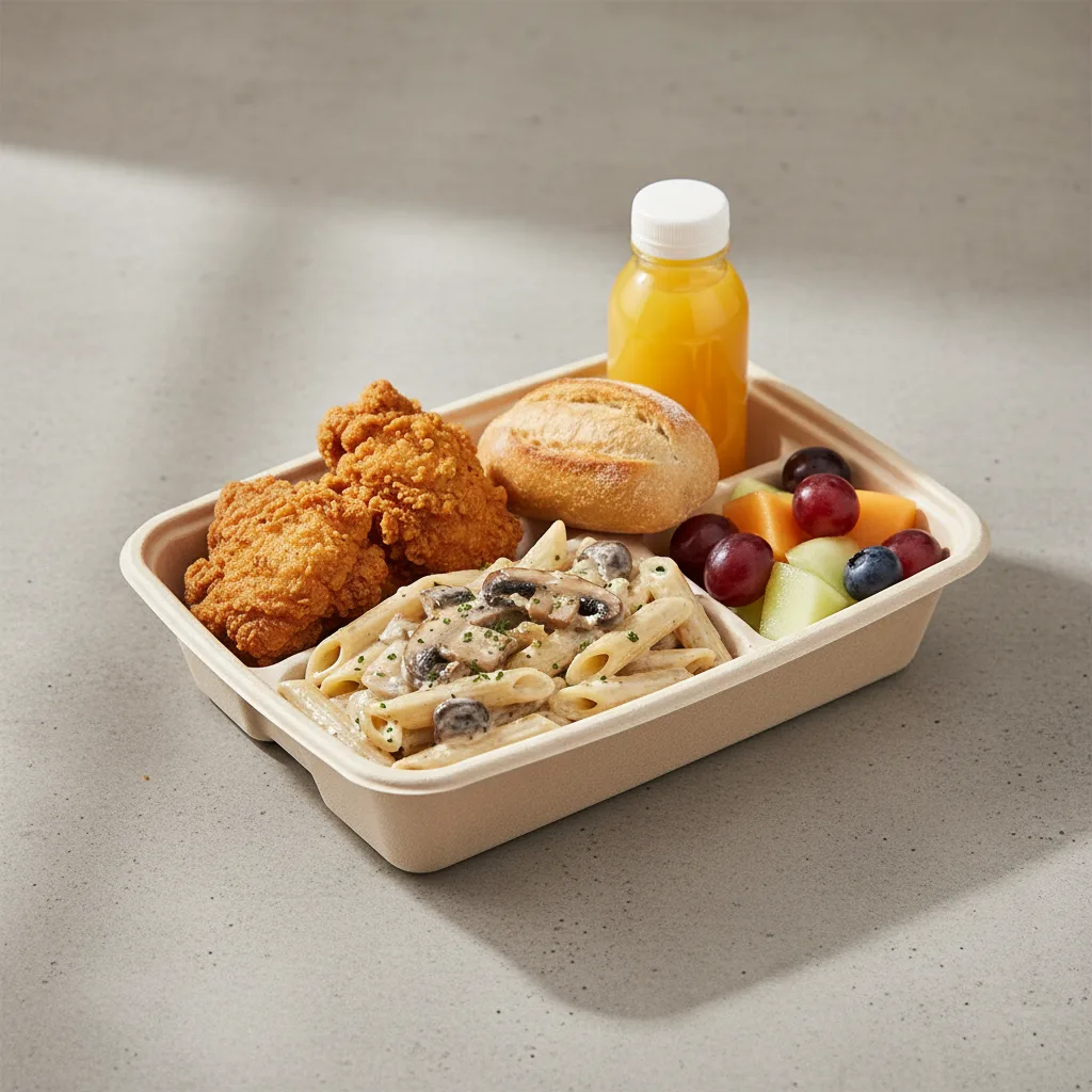 Fried Chicken, Penne with Mushrooms and Shallots, Fruit Fried Chicken, Penne with Mushrooms and Shallots, Fruit
