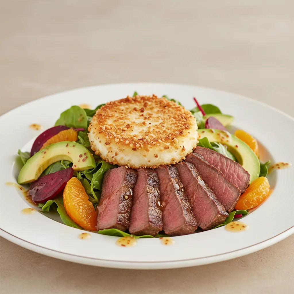 Goat Cheese and Macadamia Crust Salad With Steak