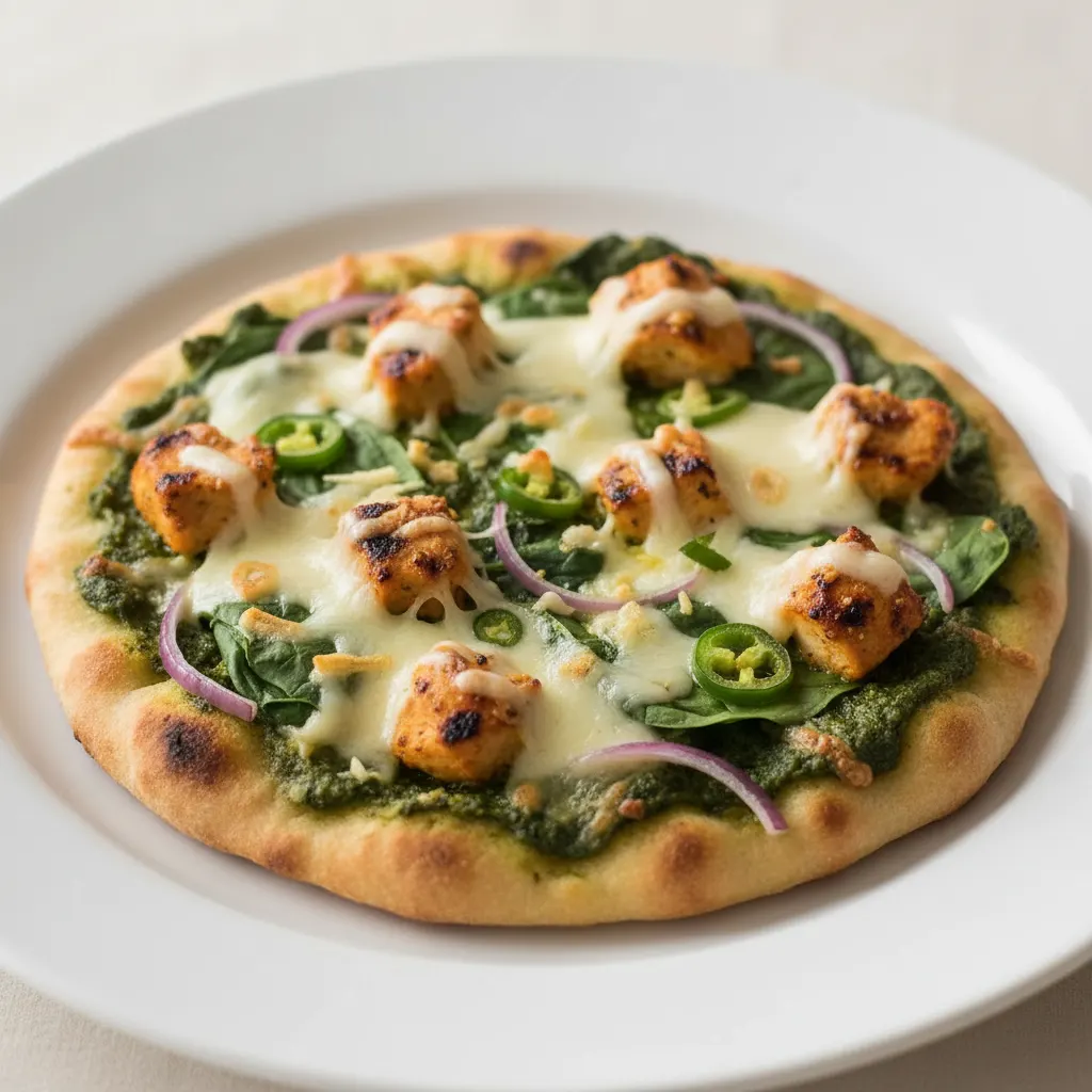 Halal Palak (Pesto) Chicken Naan Pizza