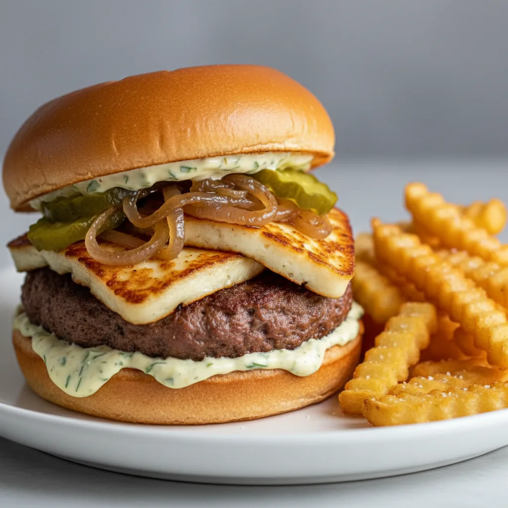Lamb and Halloumi Burger and Fries Lamb and Halloumi Burger and Fries