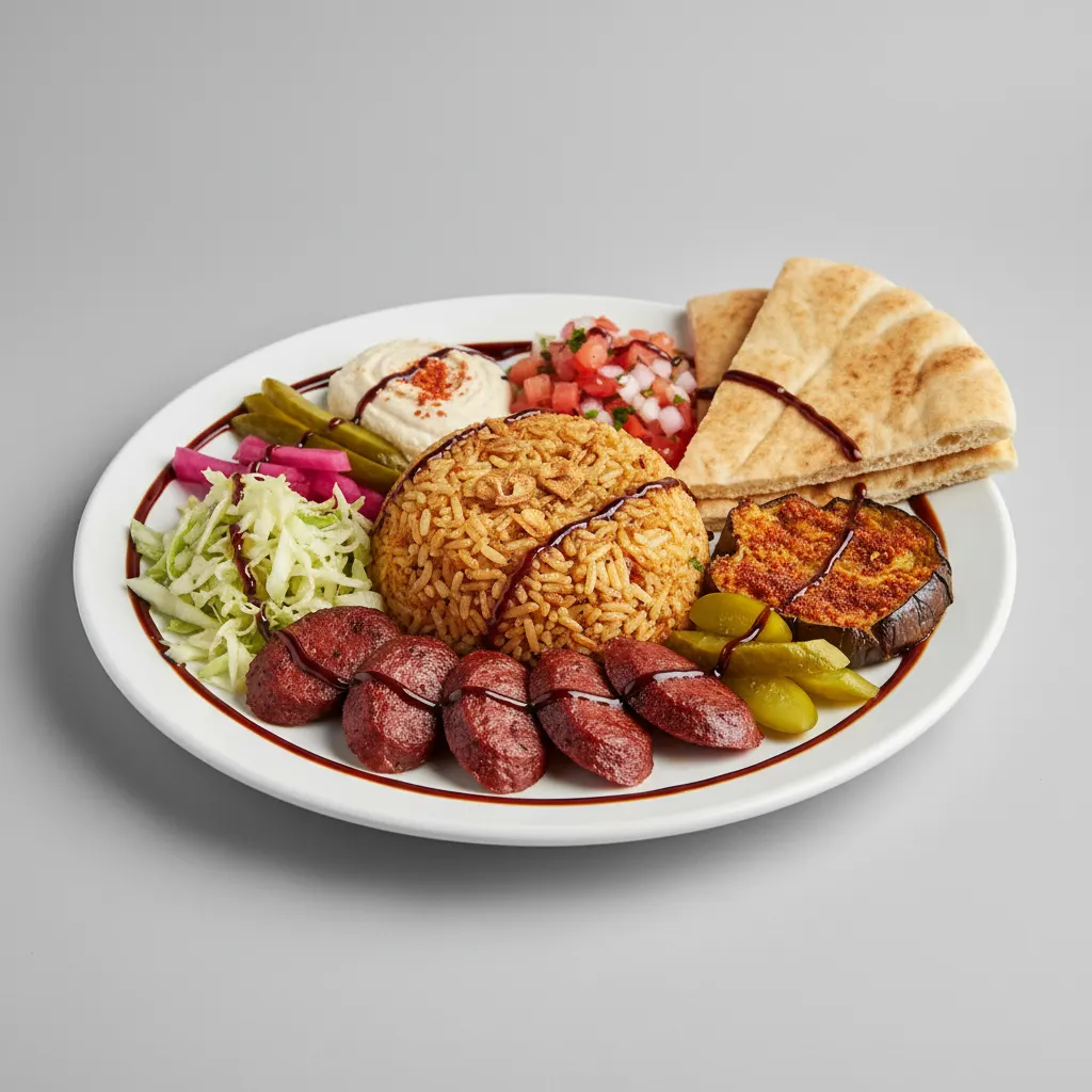 Crispy Garlic Rice Soujouk Platter Crispy Garlic Rice Soujouk Platter